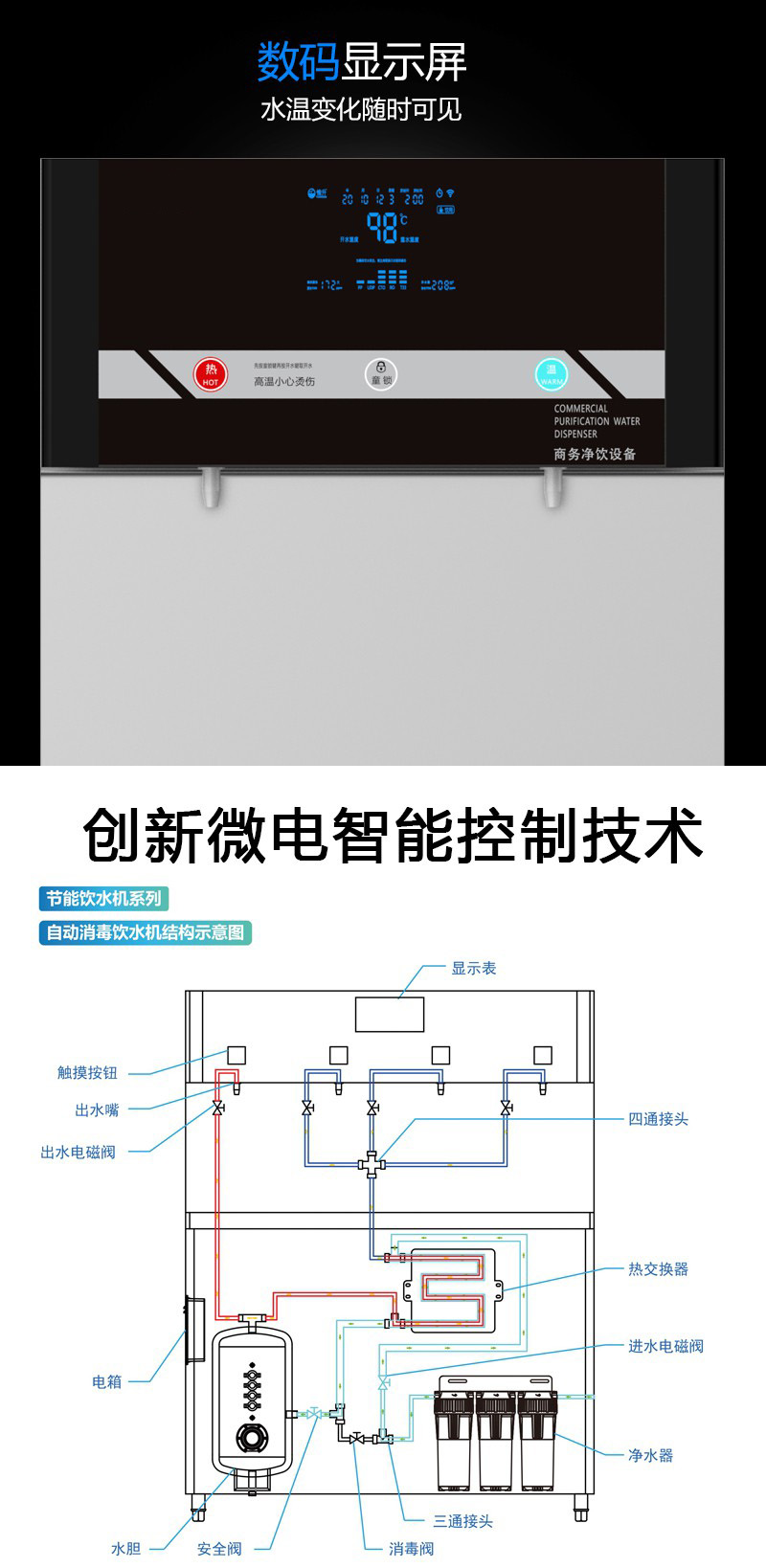 商务节能饮水机Q款钢化玻璃面板触摸屏